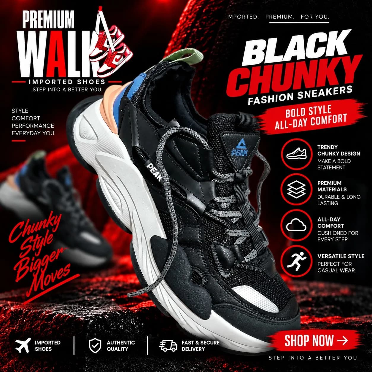 PEAK chunky sneaker, black