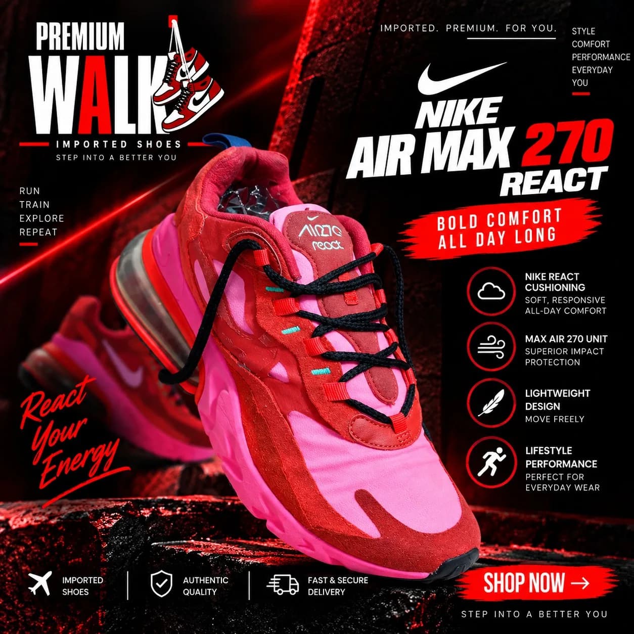 Nike Air Max 270 React, coral