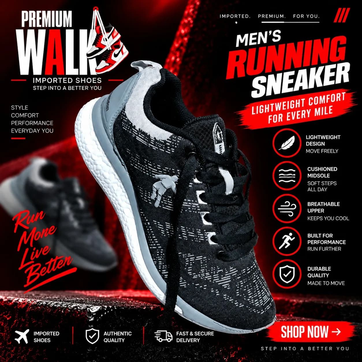 Running shoe, black and grey