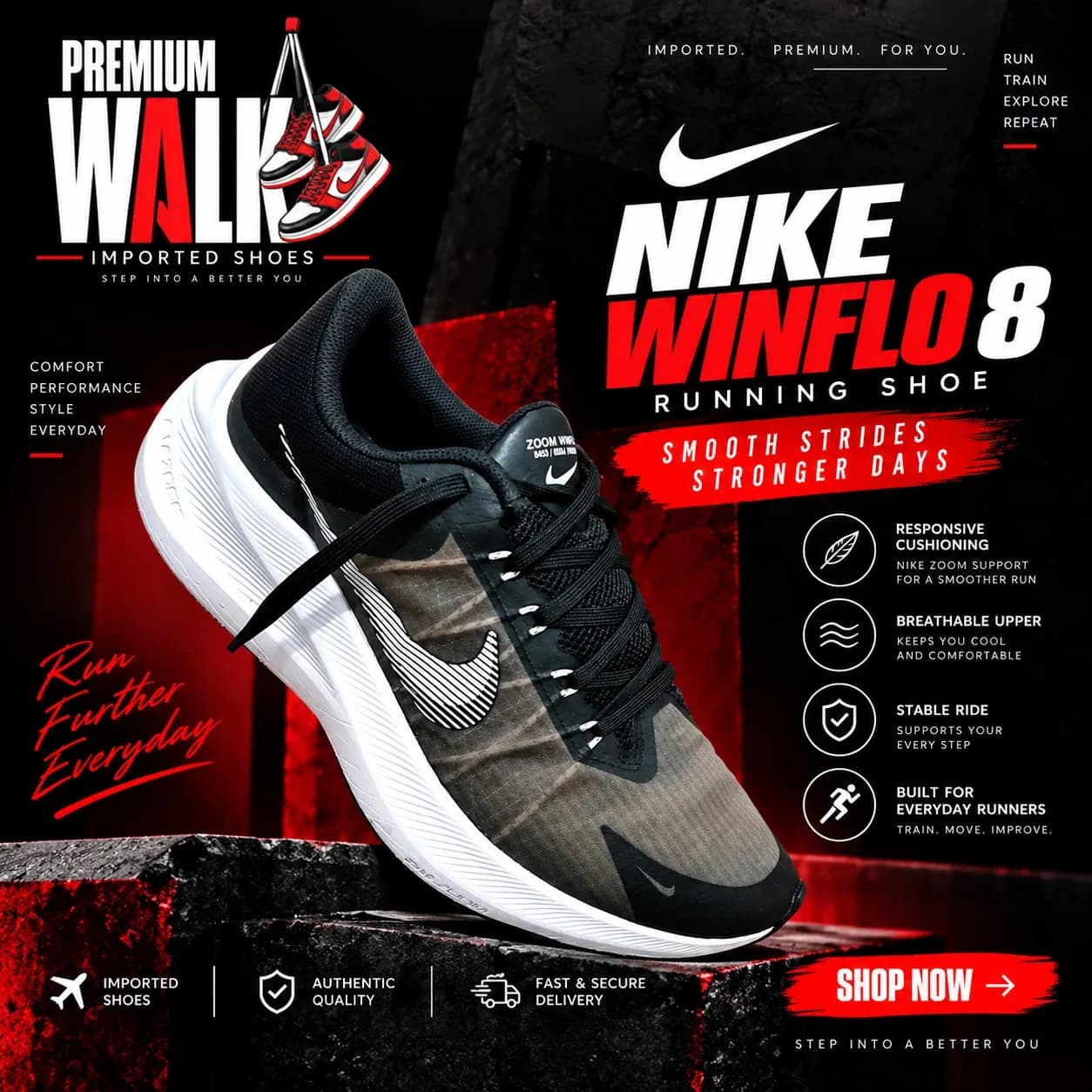 Nike Winflo 8, black and khaki