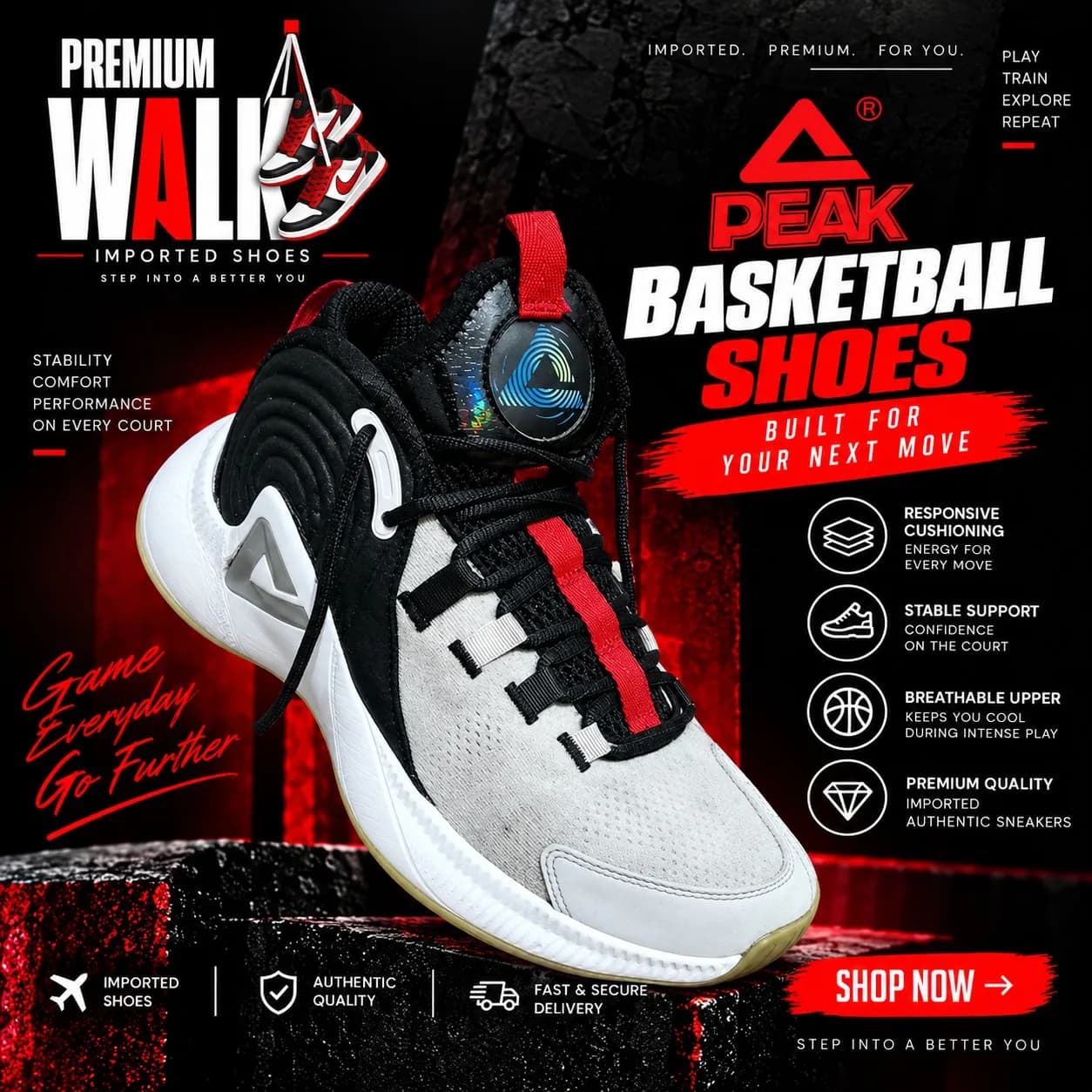 PEAK basketball, white and black
